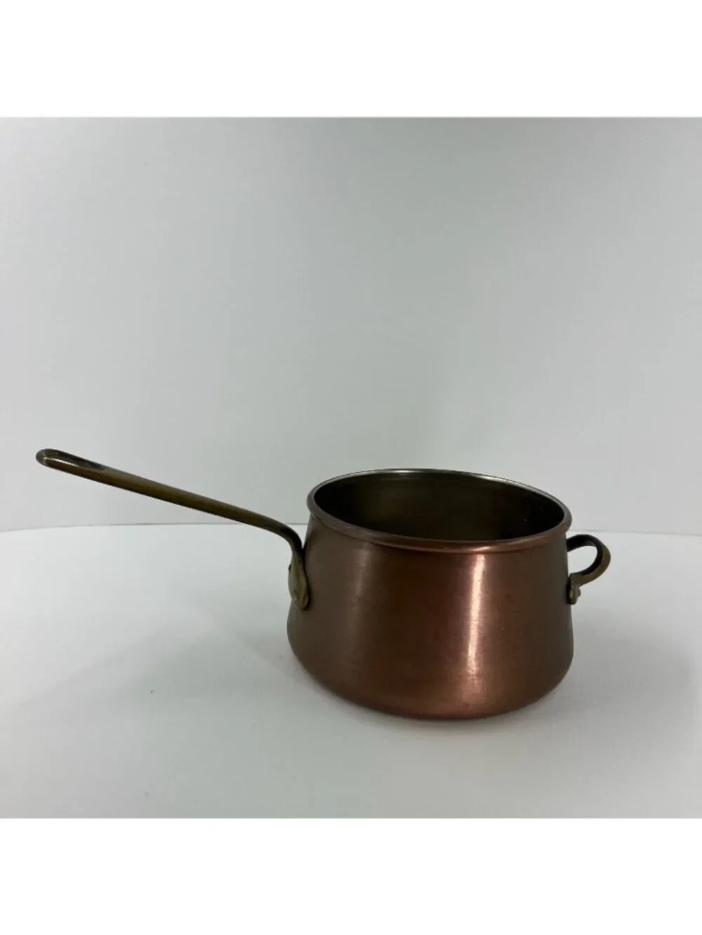Vintage Solid Copper Saucepan Tin Lined Brass Long & Helper Handle Pot